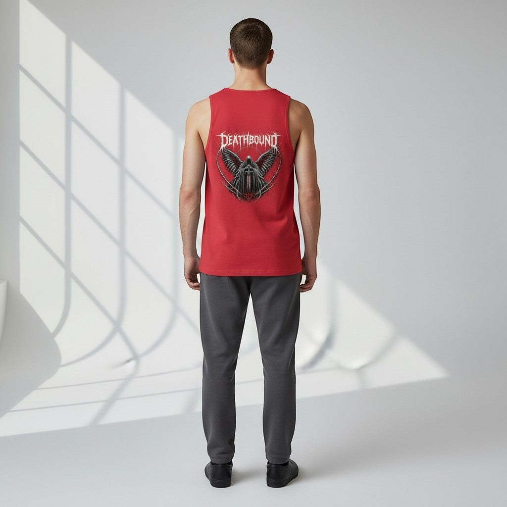 GYM PANTHERS red cotton tank top with 'Deathbound' graphic featuring a grim reaper figure with wings and a sword.