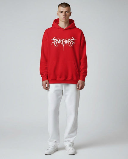 GYM PANTHERS red cotton hoodie with white dripping 'Panthers' graphic logo on chest, front pouch pocket, drawstring hood.