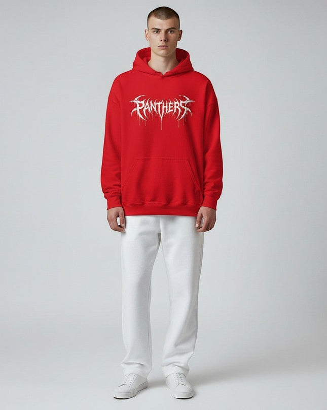 GYM PANTHERS red cotton hoodie with white dripping 'Panthers' graphic logo on chest, front pouch pocket, drawstring hood.