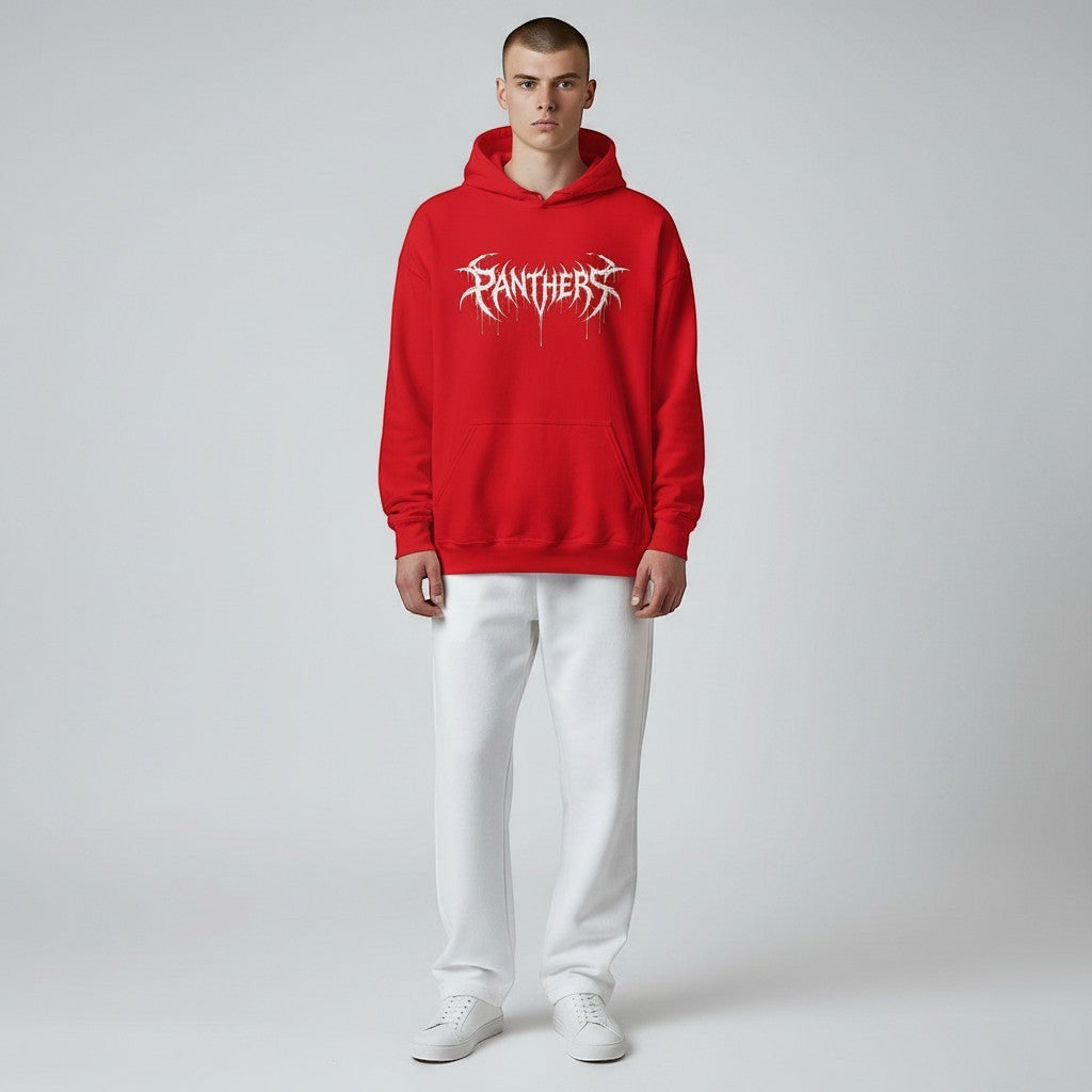 GYM PANTHERS red cotton hoodie with white dripping 'Panthers' graphic logo on chest, front pouch pocket, drawstring hood.