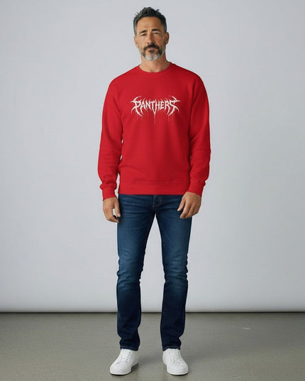 GYM PANTHERS red crewneck sweatshirt with white distressed 'Panthers' graphic logo. Long sleeves, ribbed cuffs and hem.