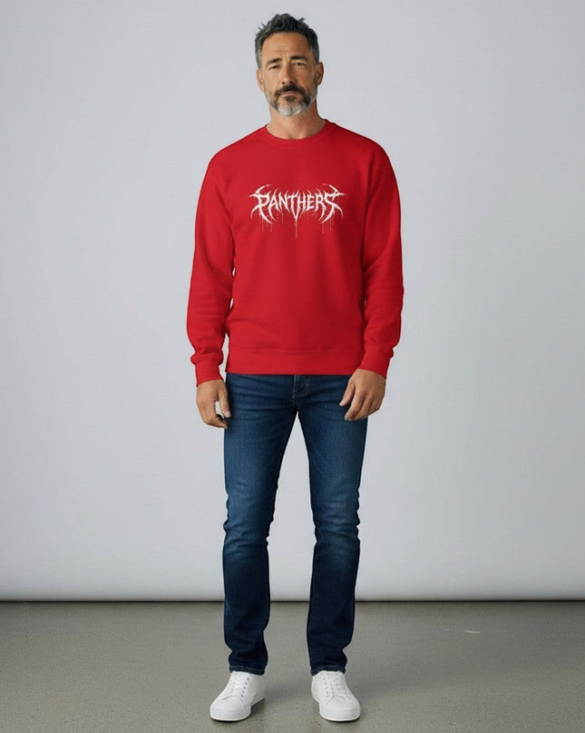 GYM PANTHERS red crewneck sweatshirt with white distressed 'Panthers' graphic logo. Long sleeves, ribbed cuffs and hem.