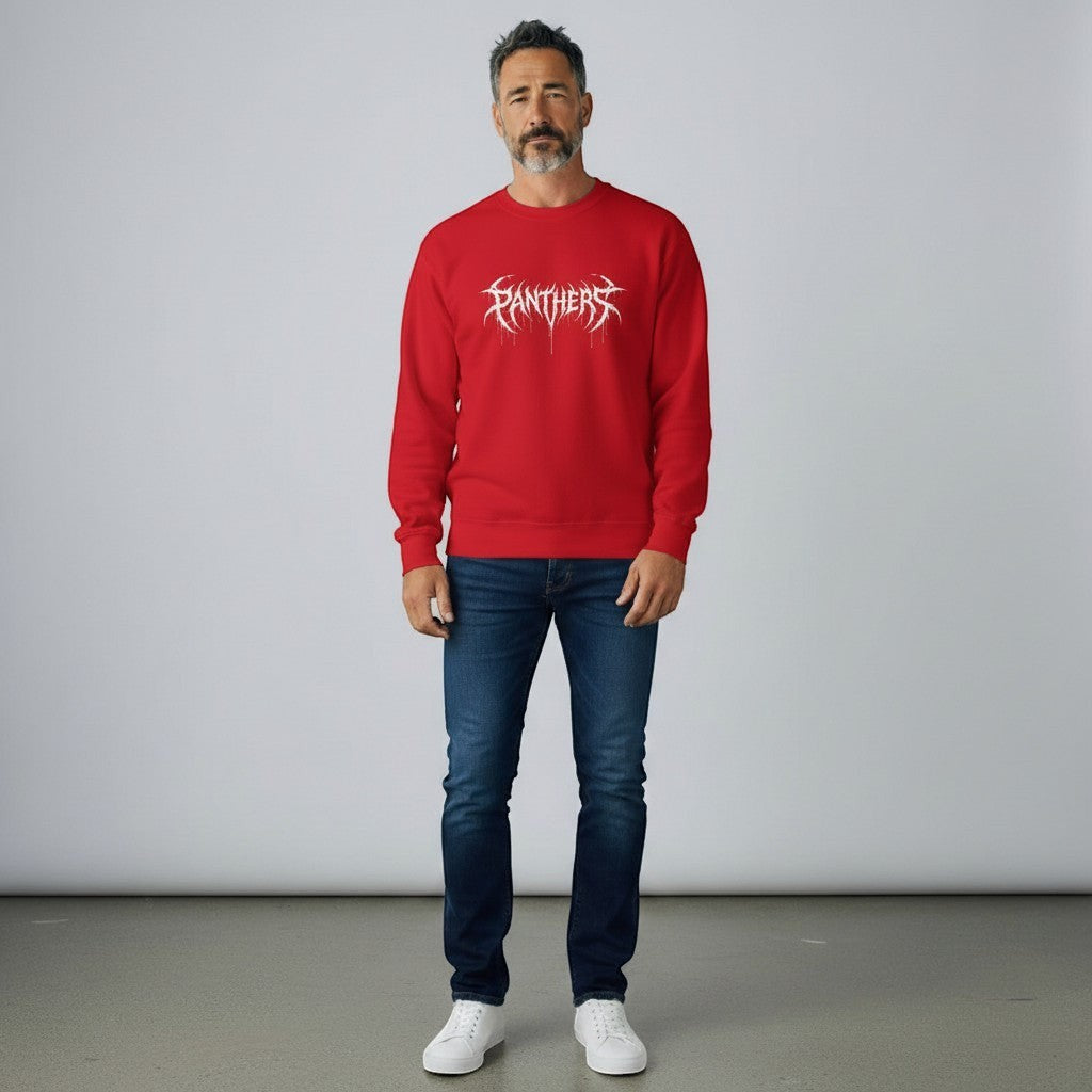 GYM PANTHERS red crewneck sweatshirt with white distressed 'Panthers' graphic logo. Long sleeves, ribbed cuffs and hem.