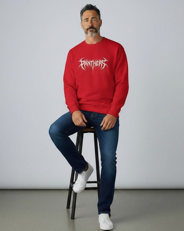 GYM PANTHERS red crewneck sweatshirt with white graphic logo and text, worn by a man with jeans.