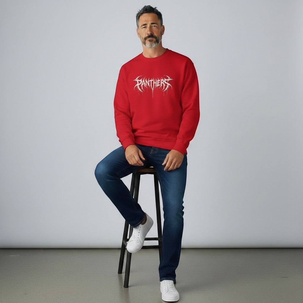 GYM PANTHERS red crewneck sweatshirt with white graphic logo and text, worn by a man with jeans.