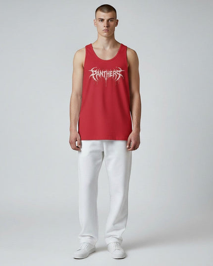 GYM PANTHERS red cotton tank top with white 'Panthers' graphic print and fallen wing design.