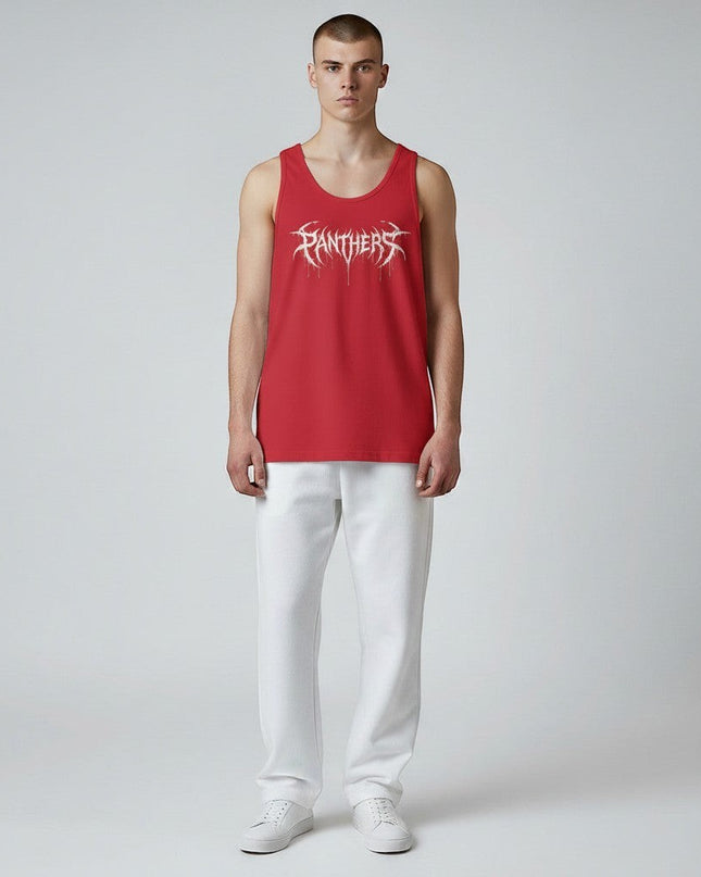 GYM PANTHERS red cotton tank top with white 'Panthers' graphic print and fallen wing design.