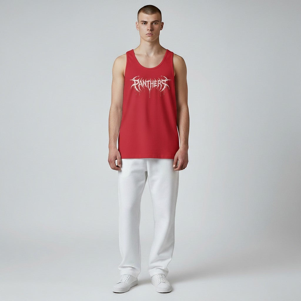 GYM PANTHERS red cotton tank top with white 'Panthers' graphic print and fallen wing design.