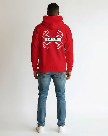 GYM PANTHERS red cotton-blend pullover hoodie with crossed dumbbells and "Panthers" logo on back.