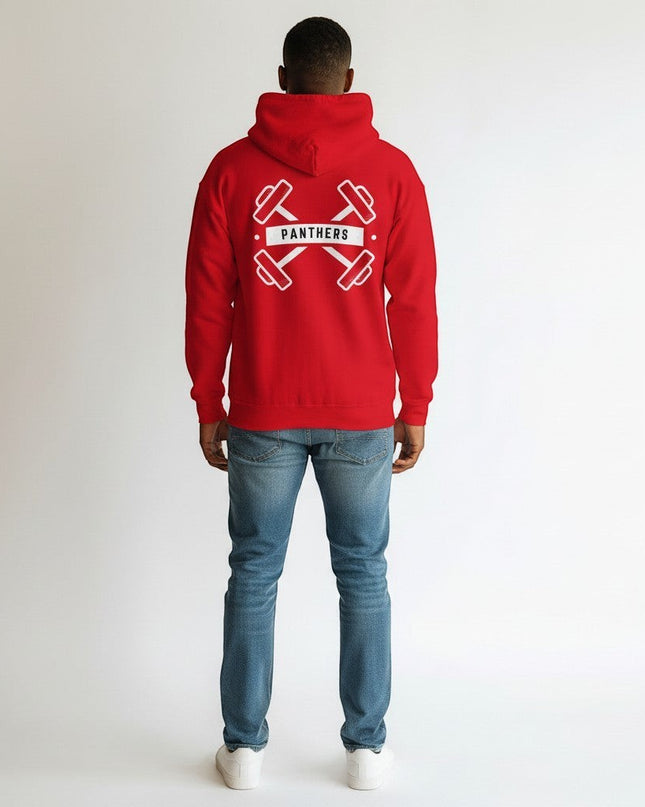 GYM PANTHERS red cotton-blend pullover hoodie with crossed dumbbells and "Panthers" logo on back.