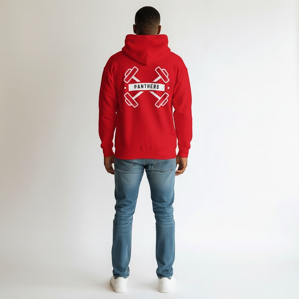 GYM PANTHERS red cotton-blend pullover hoodie with crossed dumbbells and "Panthers" logo on back.