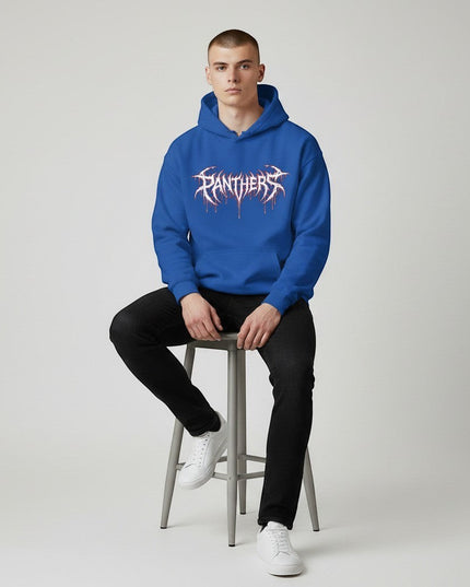 GYM PANTHERS royal blue hooded sweatshirt with white and red dripping 'Panthers' graphic logo on chest.