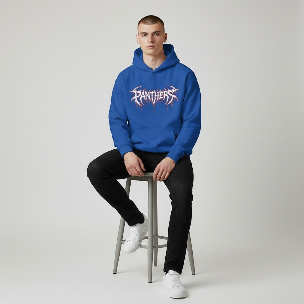 GYM PANTHERS royal blue hooded sweatshirt with white and red dripping 'Panthers' graphic logo on chest.