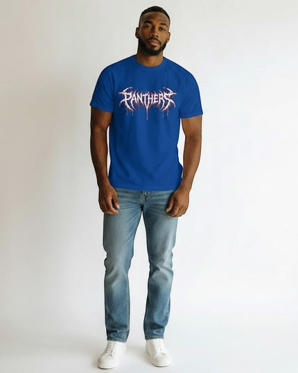 GYM PANTHERS royal blue 100% cotton t-shirt with white and red graphic logo on chest.