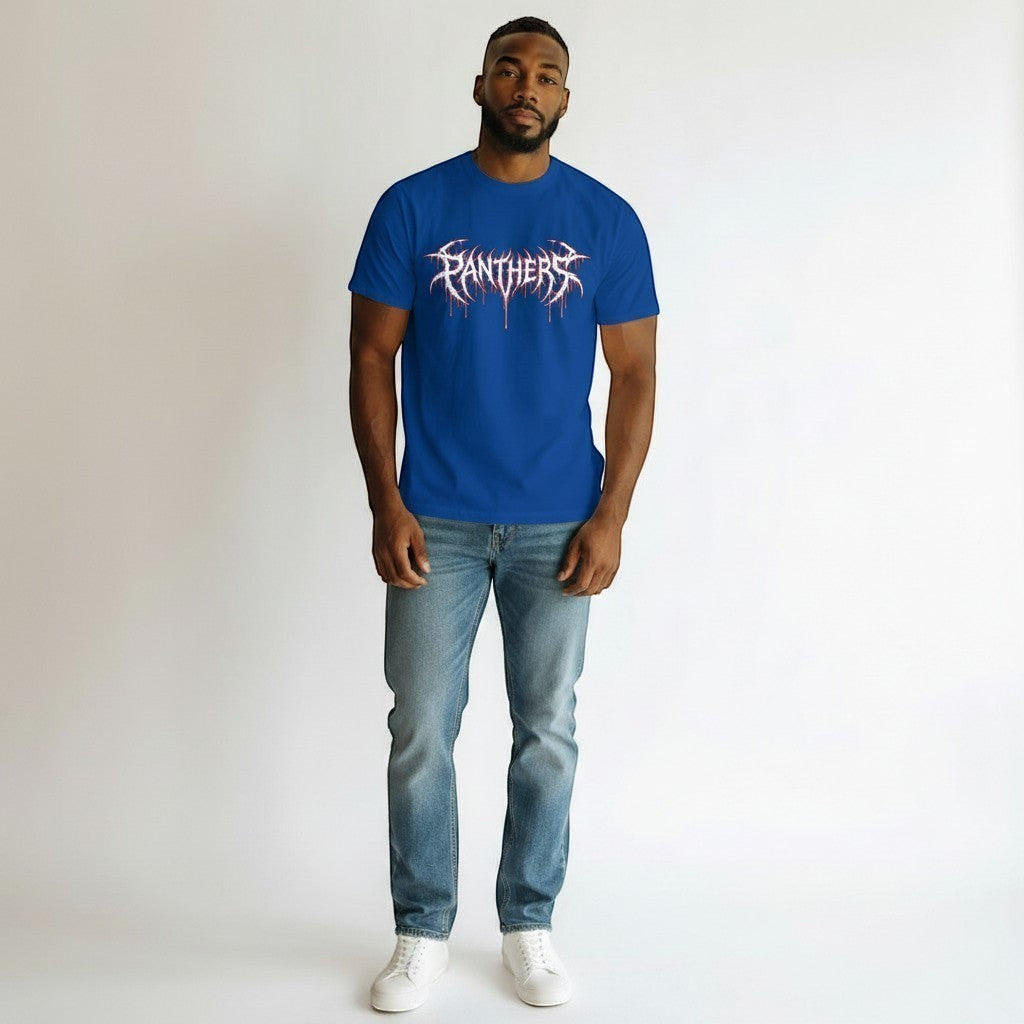GYM PANTHERS royal blue 100% cotton t-shirt with white and red graphic logo on chest.