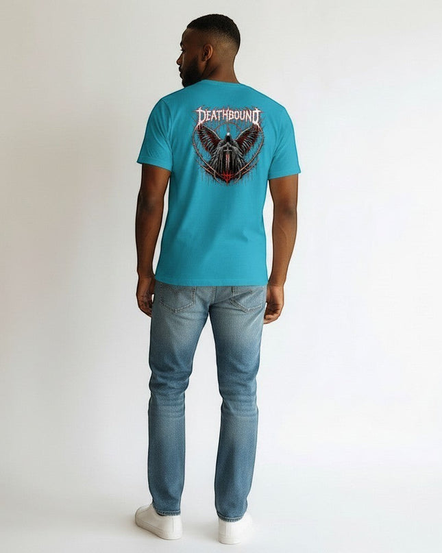 GYM PANTHERS Deathbound graphic t-shirt in teal blue, 100% cotton with a winged figure and sword graphic.