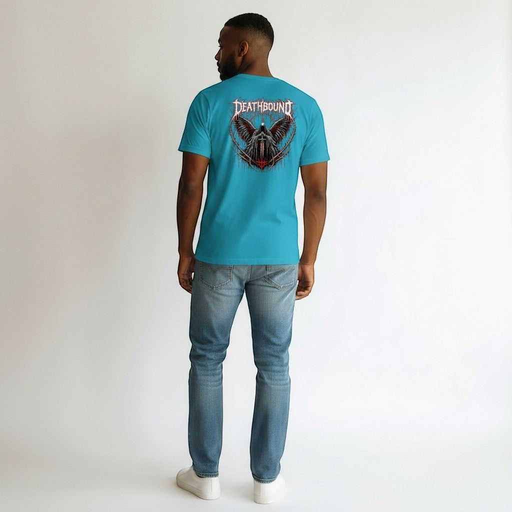 GYM PANTHERS Deathbound graphic t-shirt in teal blue, 100% cotton with a winged figure and sword graphic.