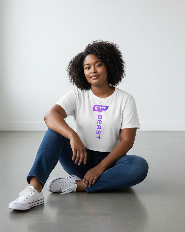 GYM PANTHERS white combed cotton Beast Elite crop top with purple gradient logo and text