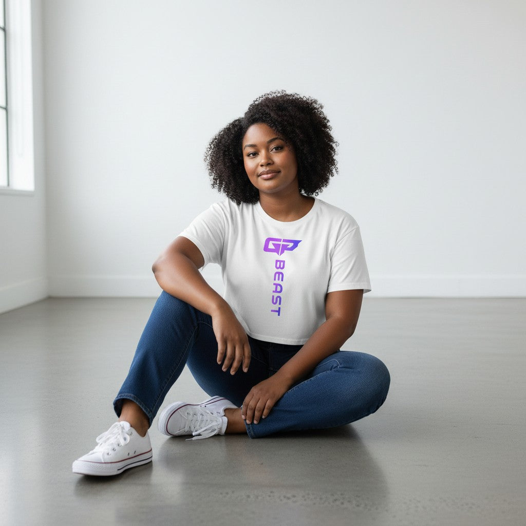 GYM PANTHERS white combed cotton Beast Elite crop top with purple gradient logo and text