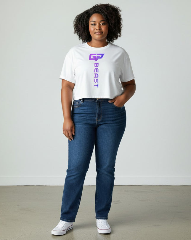 GYM PANTHERS white combed cotton Beast Elite crop top with gradient logo on front. Relaxed fit, dropped shoulders, cropped cut.