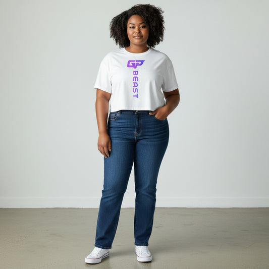 GYM PANTHERS white combed cotton Beast Elite crop top with gradient logo on front. Relaxed fit, dropped shoulders, cropped cut.