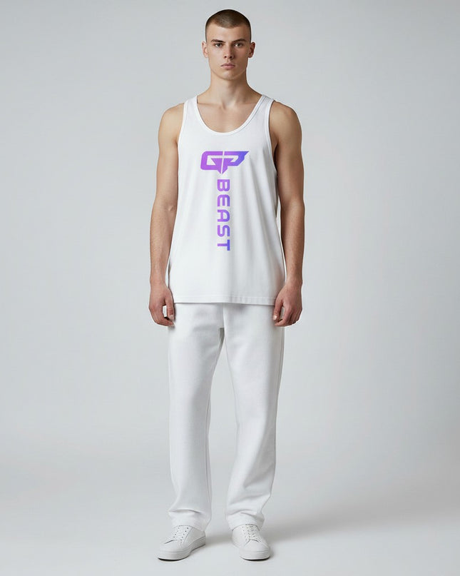 GYM PANTHERS white 100% combed ring-spun cotton Beast Elite Tank with gradient GP logo and vertical BEAST text.