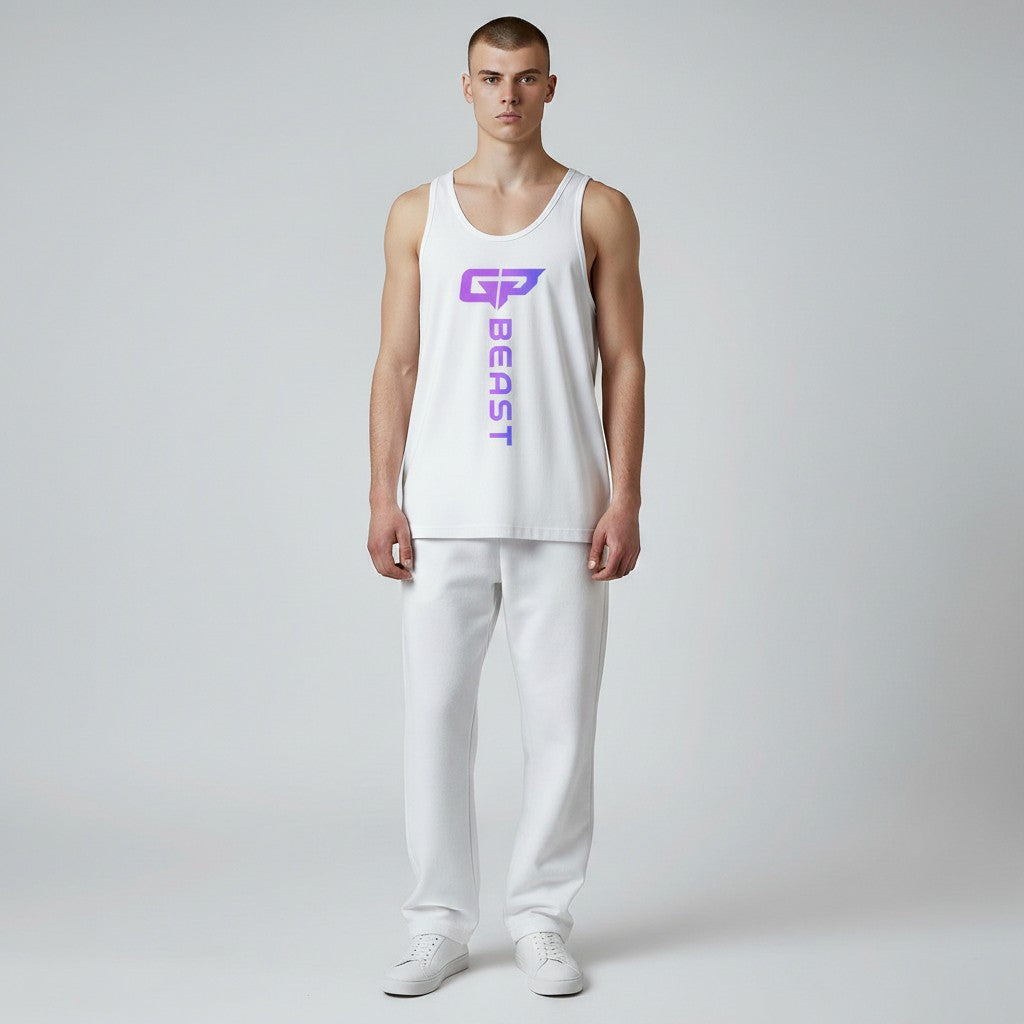 GYM PANTHERS white 100% combed ring-spun cotton Beast Elite Tank with gradient GP logo and vertical BEAST text.