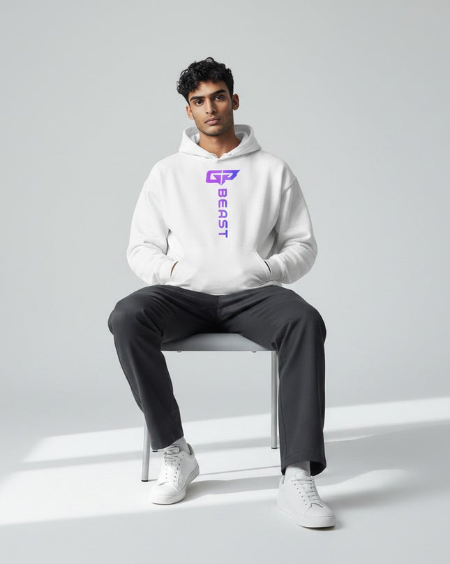 GYM PANTHERS white unisex hoodie with vertical purple gradient 'BEAST' logo and graphic.
