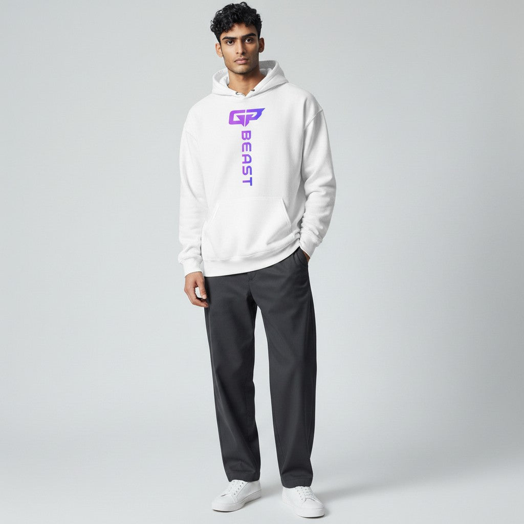 GYM PANTHERS white unisex hoodie with vertical gradient logo and text 'BEAST' on the front.