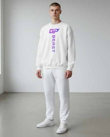GYM PANTHERS white crewneck sweatshirt with vertical purple gradient 'BEAST' logo and graphic.