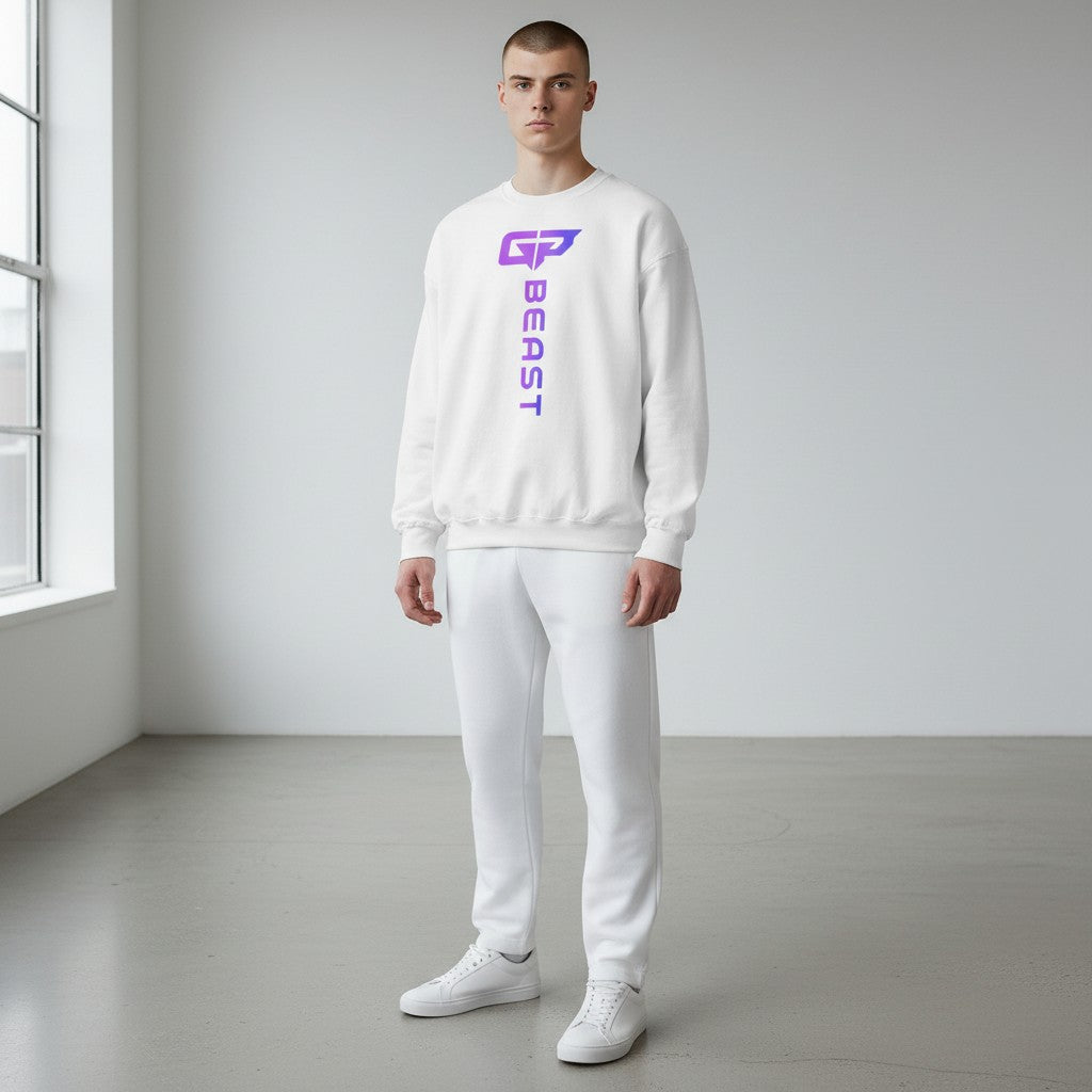 GYM PANTHERS white crewneck sweatshirt with vertical purple gradient 'BEAST' logo and graphic.