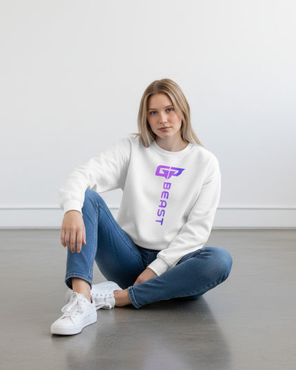 GYM PANTHERS white crewneck sweatshirt with vertical purple-to-blue gradient 'BEAST' logo on chest.