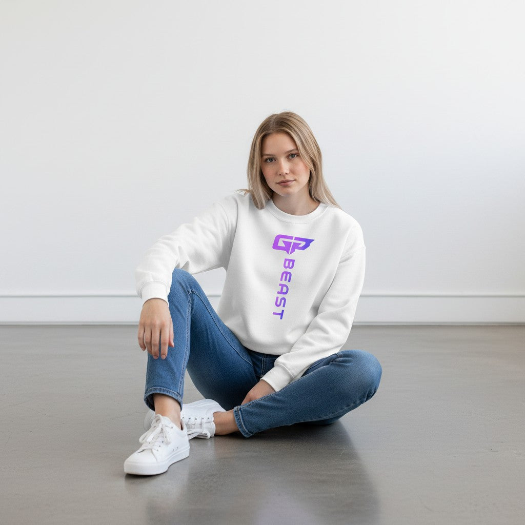 GYM PANTHERS white crewneck sweatshirt with vertical purple-to-blue gradient 'BEAST' logo on chest.