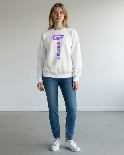 GYM PANTHERS white crewneck sweatshirt with vertical gradient logo and text "BEAST" on the front.