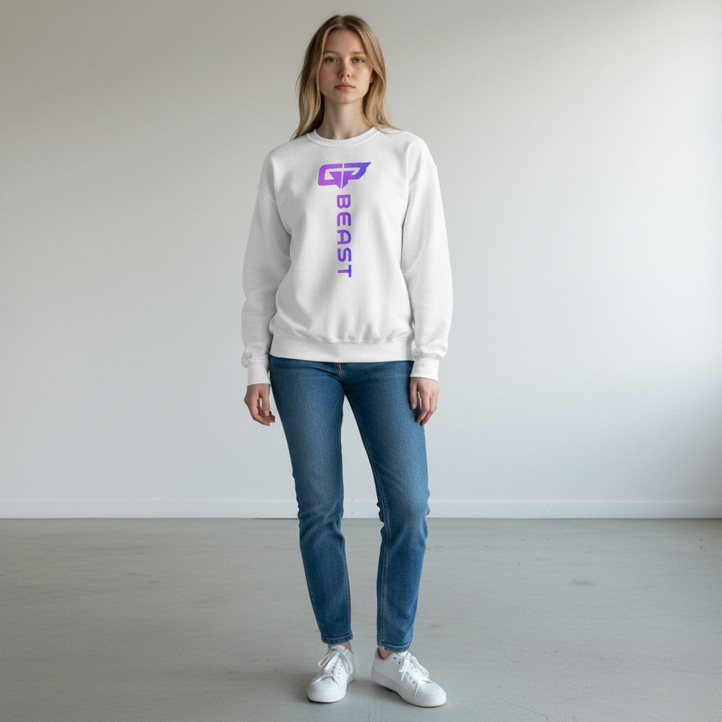 GYM PANTHERS white crewneck sweatshirt with vertical gradient logo and text "BEAST" on the front.