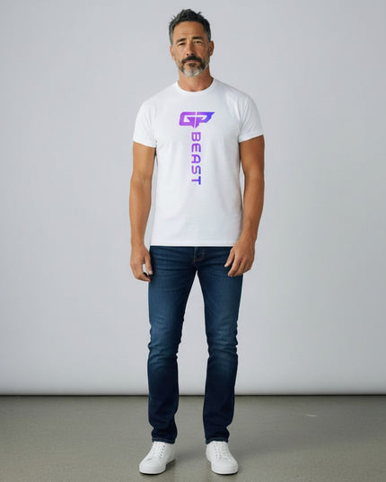 GYM PANTHERS white cotton t-shirt with vertical purple gradient 'BEAST' logo and graphic.