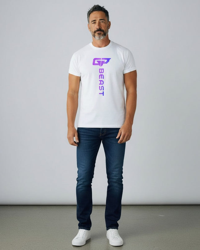 GYM PANTHERS white cotton t-shirt with vertical purple gradient 'BEAST' logo and graphic.