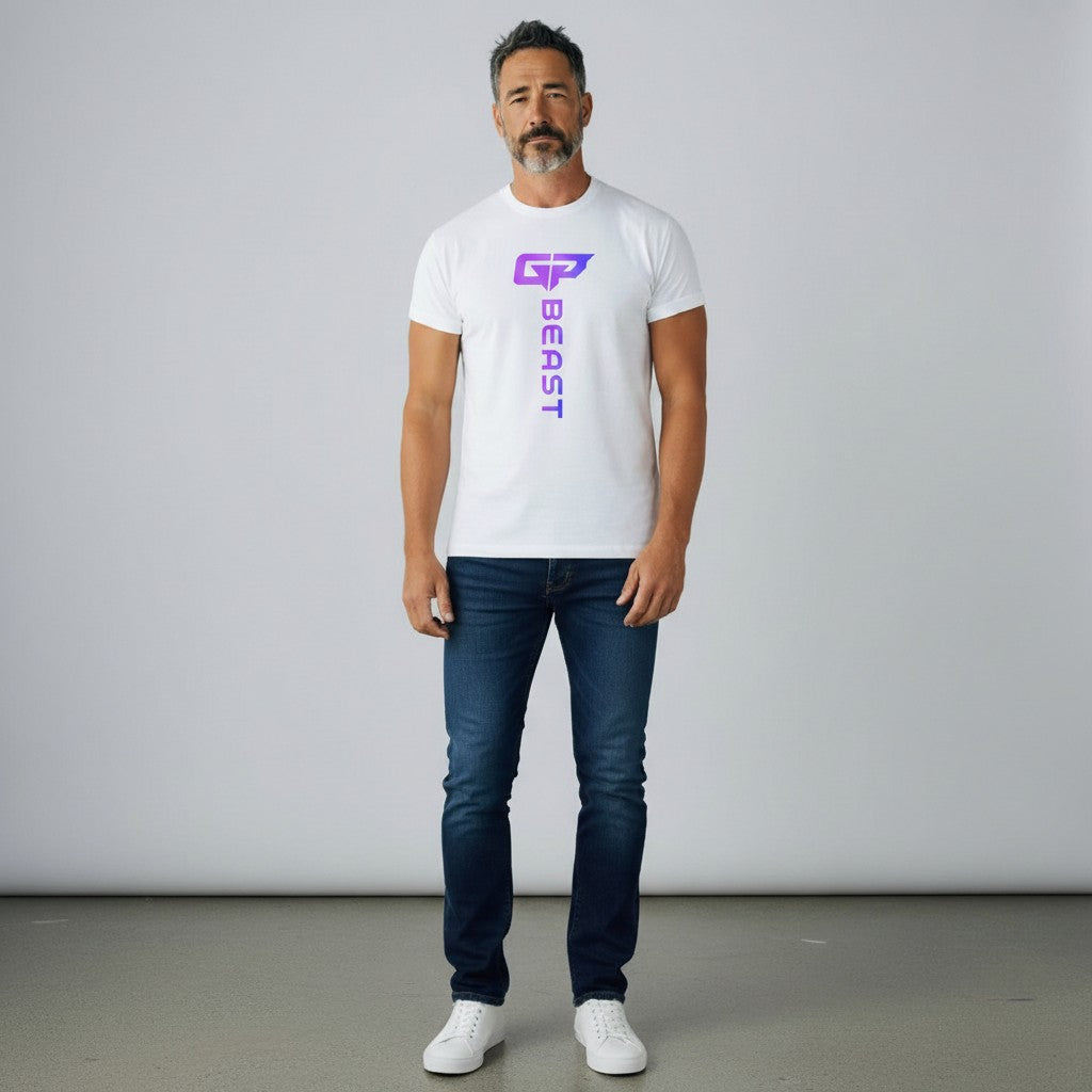 GYM PANTHERS white cotton t-shirt with vertical purple gradient 'BEAST' logo and graphic.