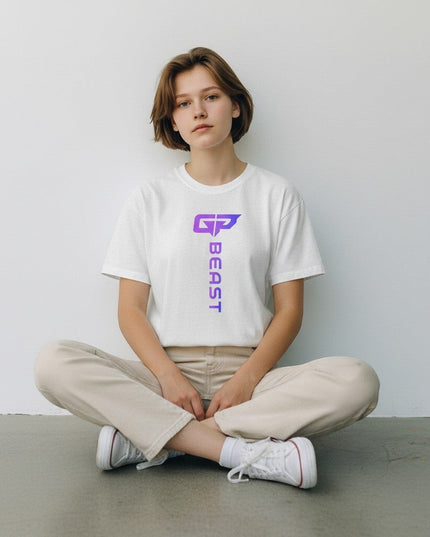 GYM PANTHERS white tri-blend t-shirt with vertical purple gradient BEAST logo on chest.