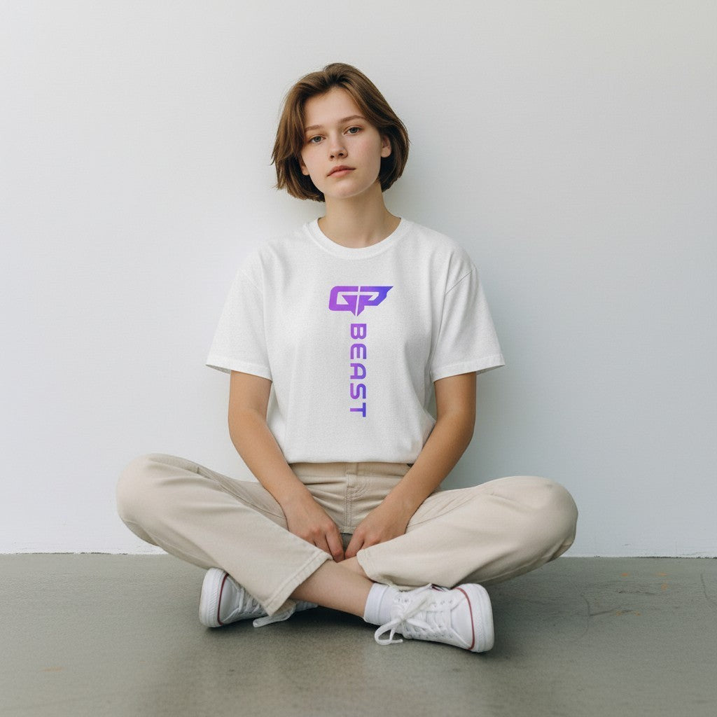 GYM PANTHERS white tri-blend t-shirt with vertical purple gradient BEAST logo on chest.