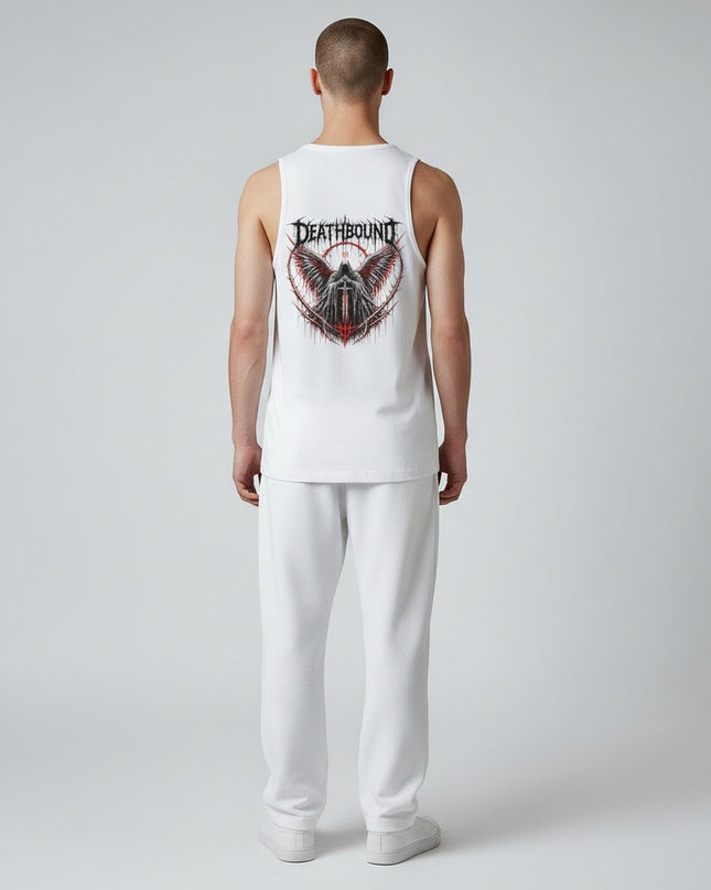 GYM PANTHERS white cotton tank top with Deathbound graphic, featuring a grim reaper figure with wings and a sword.