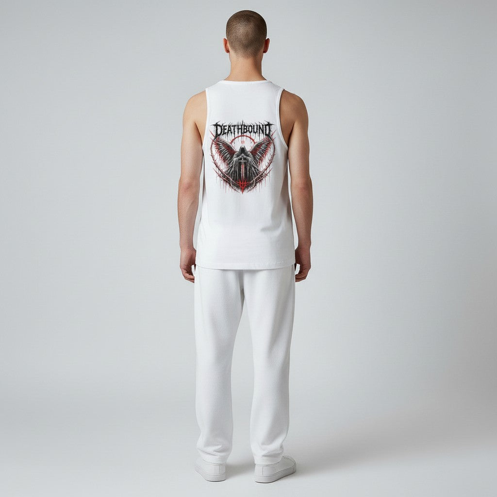 GYM PANTHERS white cotton tank top with Deathbound graphic, featuring a grim reaper figure with wings and a sword.