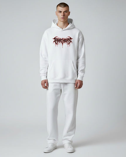 GYM PANTHERS white cotton hoodie with black and red dripping 'PANTHERS' graphic logo on the chest.