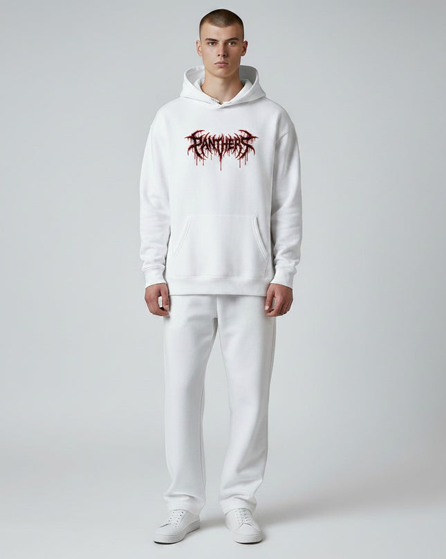 GYM PANTHERS white cotton hoodie with black and red dripping 'PANTHERS' graphic logo on the chest.