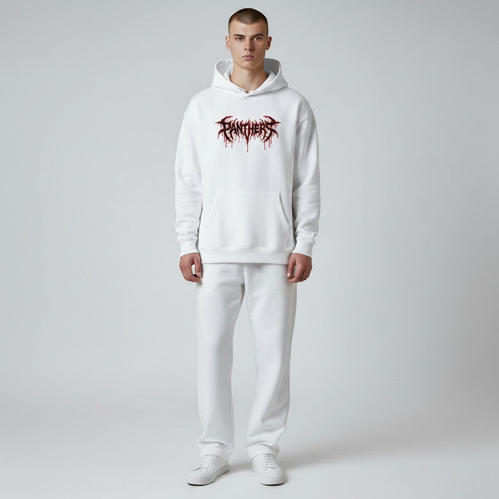 GYM PANTHERS white cotton hoodie with black and red dripping 'PANTHERS' graphic logo on the chest.
