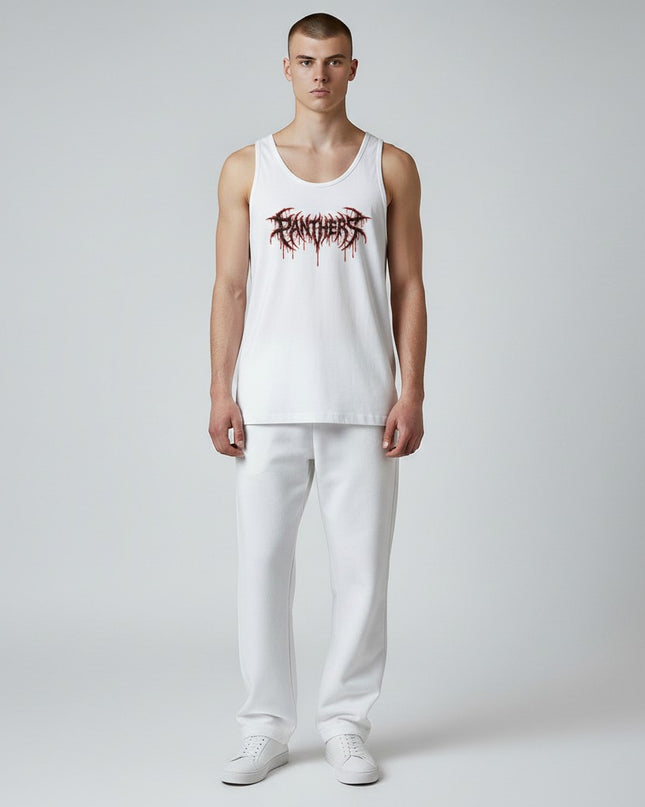 GYM PANTHERS white 100% cotton tank top with black and red distressed 'Panthers' graphic print. Sleeveless, crew neck.
