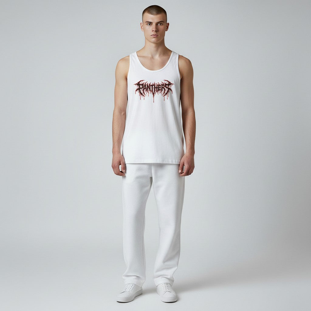 GYM PANTHERS white 100% cotton tank top with black and red distressed 'Panthers' graphic print. Sleeveless, crew neck.
