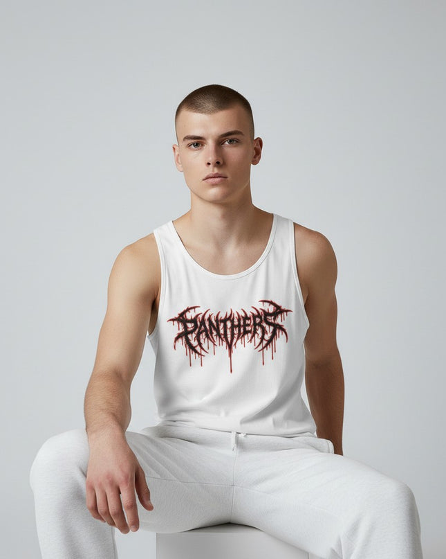 GYM PANTHERS white 100% cotton tank top with a black and red graphic logo on the chest.