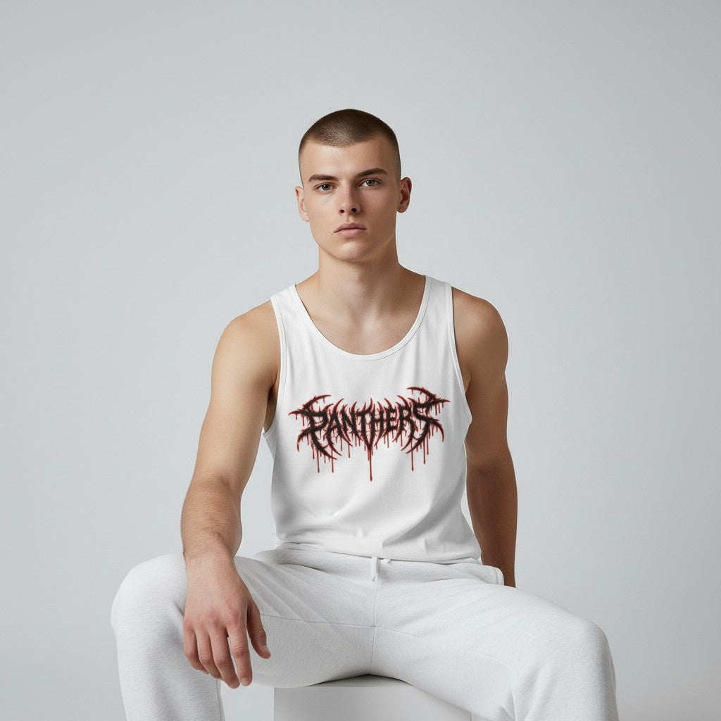 GYM PANTHERS white 100% cotton tank top with a black and red graphic logo on the chest.