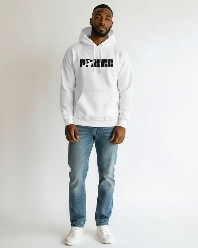 GYM PANTHERS white cotton-blend pullover hoodie with black 'POWER' graphic featuring a weightlifter silhouette.